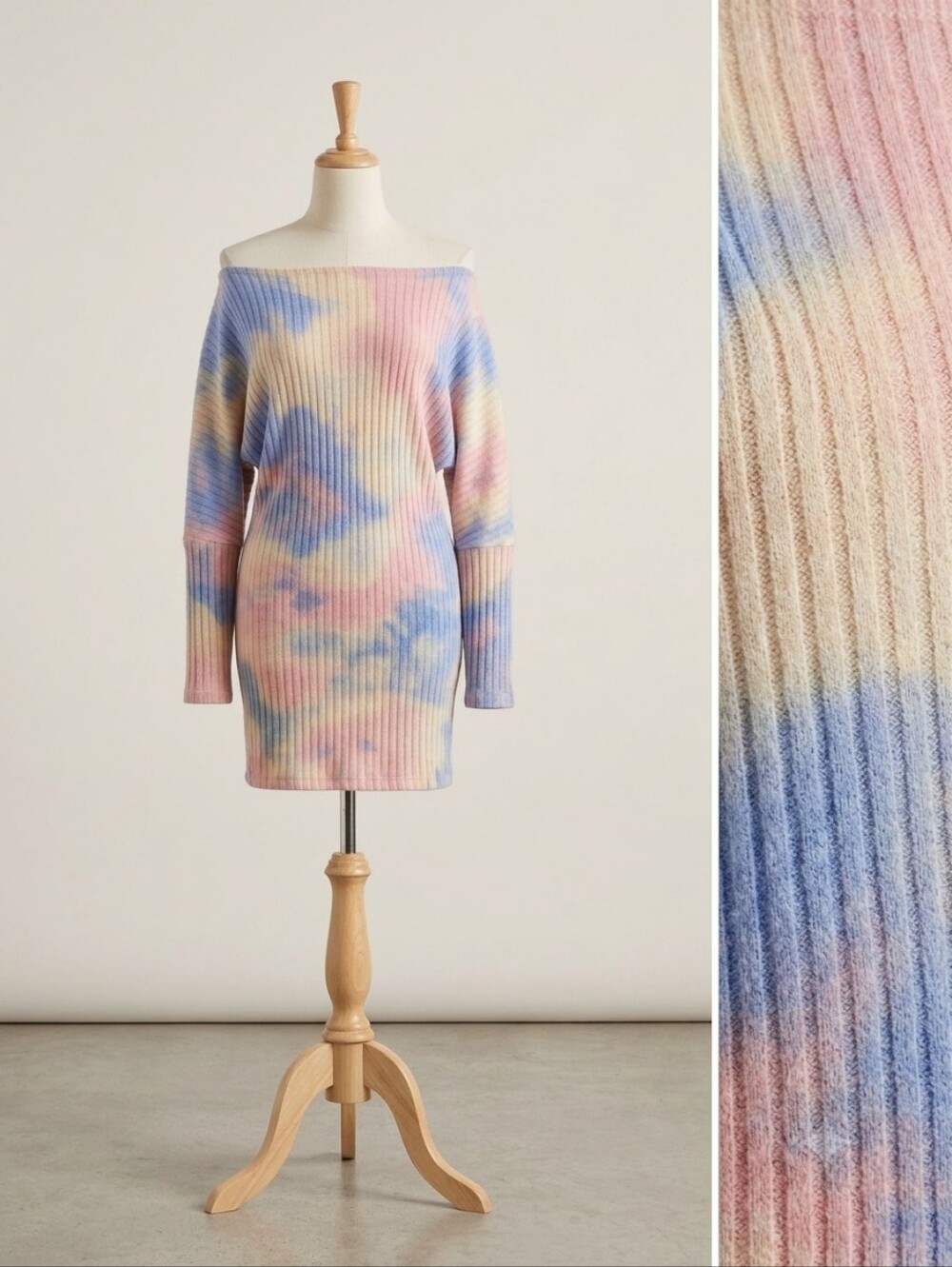 Peach Love Off-Shoulder Pastel Tie-Dye Ribbed Sweater Dress, Size Medium
